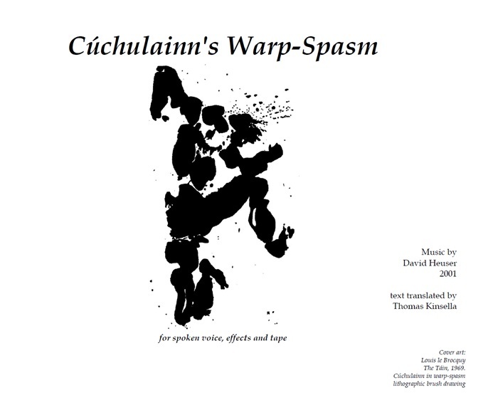 Cover art from Cuchulainn's Warp Spasm: a lithographic brush drawing by Louis le Brocquy, from the book The Tain, 1969. A black ink, non-realistic figure of a man jumping with limbs bending in odd ways and dots coming off his head.